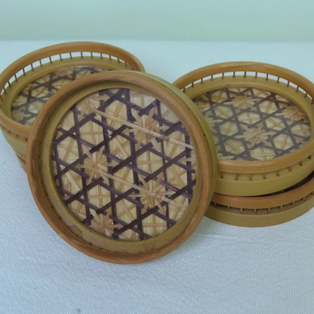 Bamboo Woven Rattan Coaster Set of 5 Boho Hippie MCM Style Decor   Looking for s